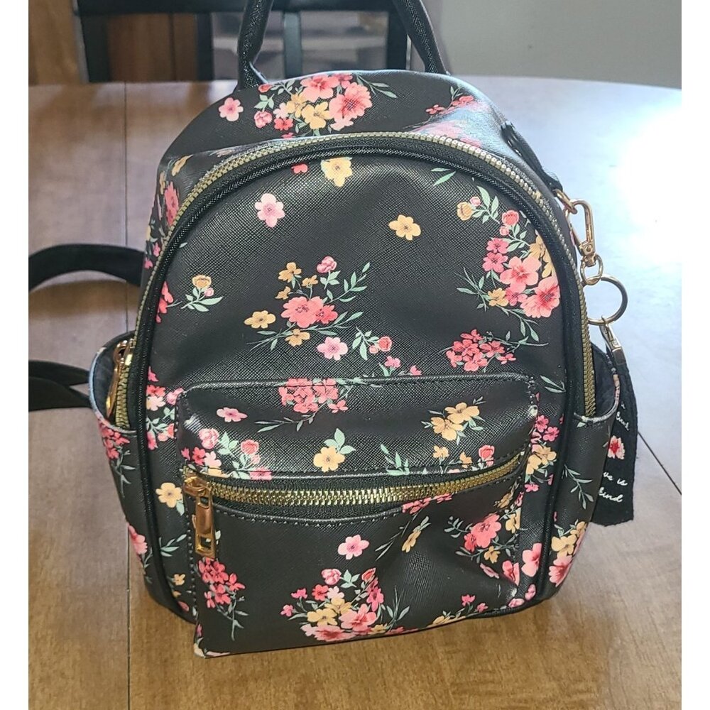 Like Dreams Mini Backpack LD black Pink floral Vinyl Adjustable Zip Excellent